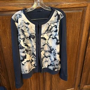 Magaschoni Navy Blue Silk Blend Cardigan W/ Floral Panels Size L